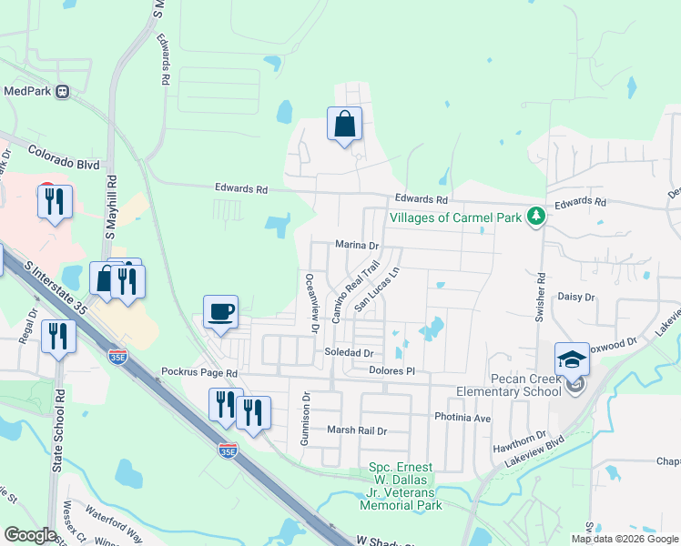 map of restaurants, bars, coffee shops, grocery stores, and more near 3413 Wavecrest Lane in Denton
