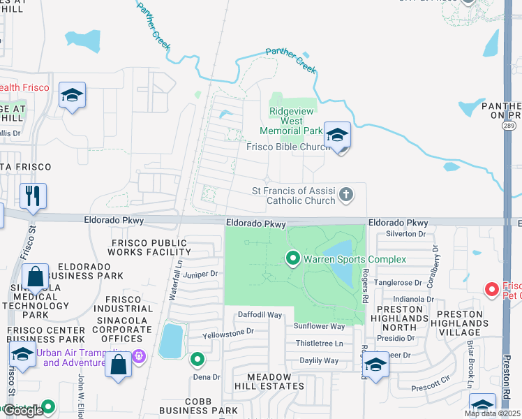 map of restaurants, bars, coffee shops, grocery stores, and more near 11758 Mikaela Drive in Frisco