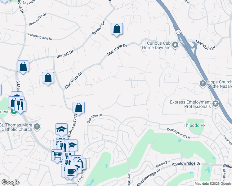 map of restaurants, bars, coffee shops, grocery stores, and more near 1019 Park Hill Place in Vista