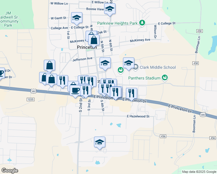 map of restaurants, bars, coffee shops, grocery stores, and more near 422 Bois D Arc Avenue in Princeton