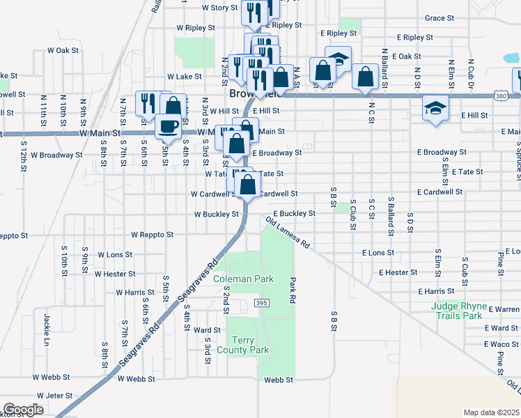 map of restaurants, bars, coffee shops, grocery stores, and more near 442-498 South 1st Street in Brownfield