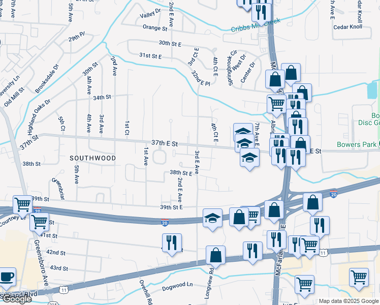 map of restaurants, bars, coffee shops, grocery stores, and more near 245 37th Street East in Tuscaloosa