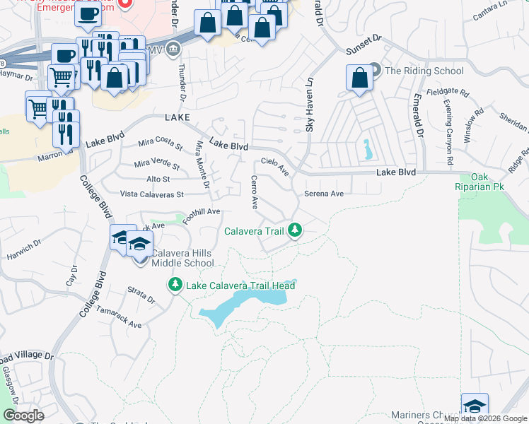 map of restaurants, bars, coffee shops, grocery stores, and more near 3633 Cerro Avenue in Oceanside