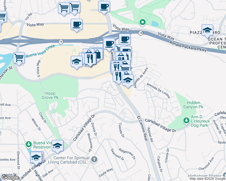 map of restaurants, bars, coffee shops, grocery stores, and more near 2380 Hosp Way in Carlsbad