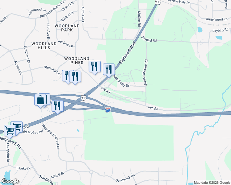 map of restaurants, bars, coffee shops, grocery stores, and more near 5101 Woodland Trce in Tuscaloosa