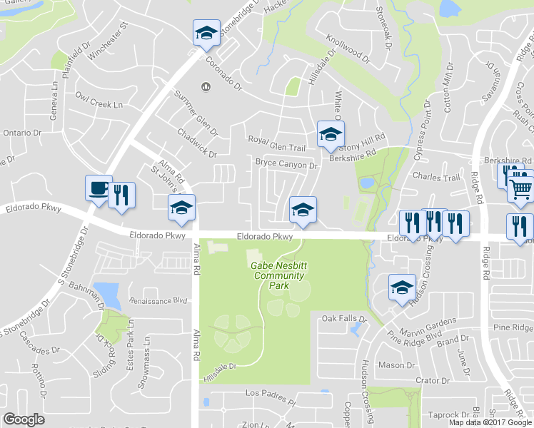 map of restaurants, bars, coffee shops, grocery stores, and more near 2812 Black Canyon Drive in McKinney