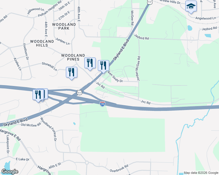 map of restaurants, bars, coffee shops, grocery stores, and more near 5101 Woodland Trce in Tuscaloosa