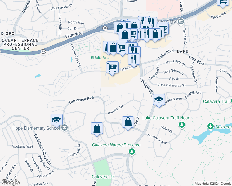map of restaurants, bars, coffee shops, grocery stores, and more near 3534 Hastings Drive in Carlsbad