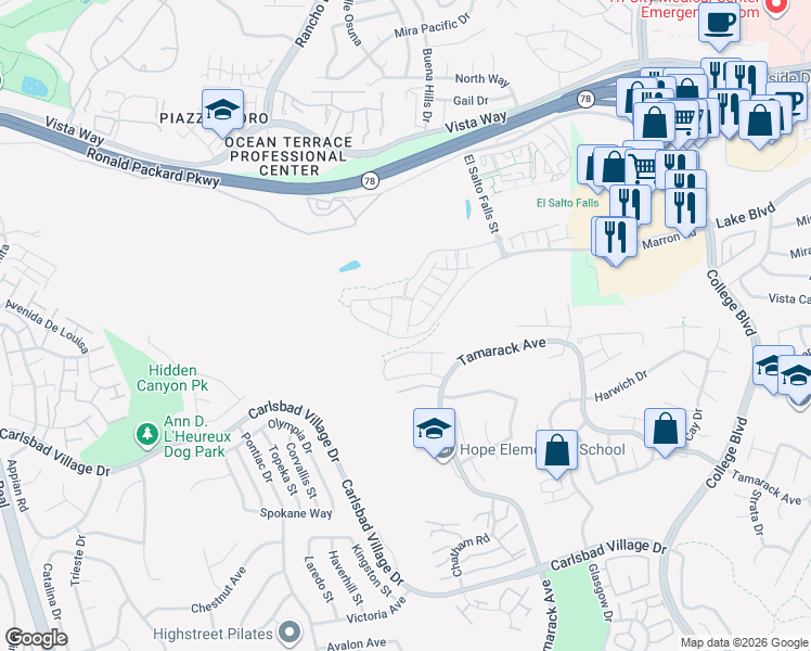 map of restaurants, bars, coffee shops, grocery stores, and more near 3325 Telaga Road in Carlsbad