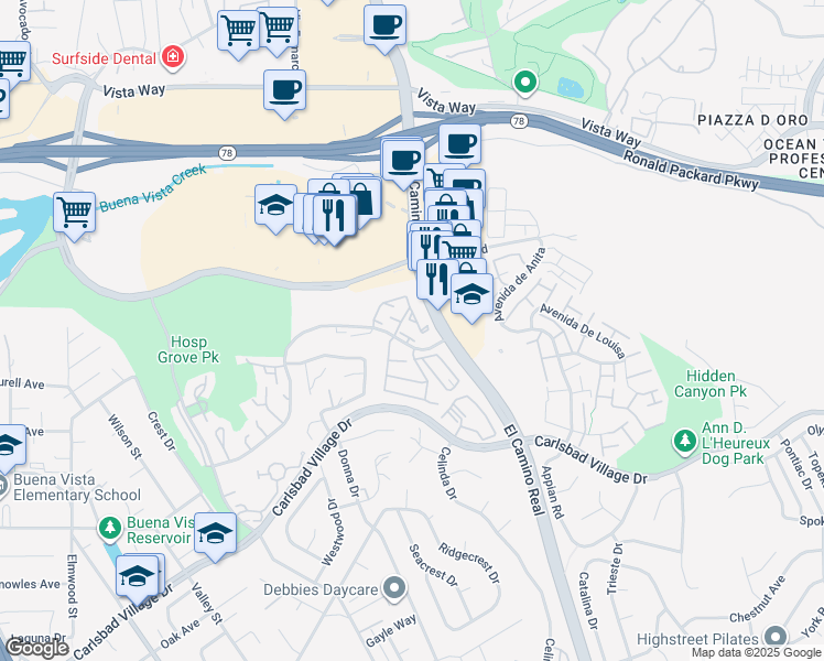 map of restaurants, bars, coffee shops, grocery stores, and more near 2350 Hosp Way in Carlsbad