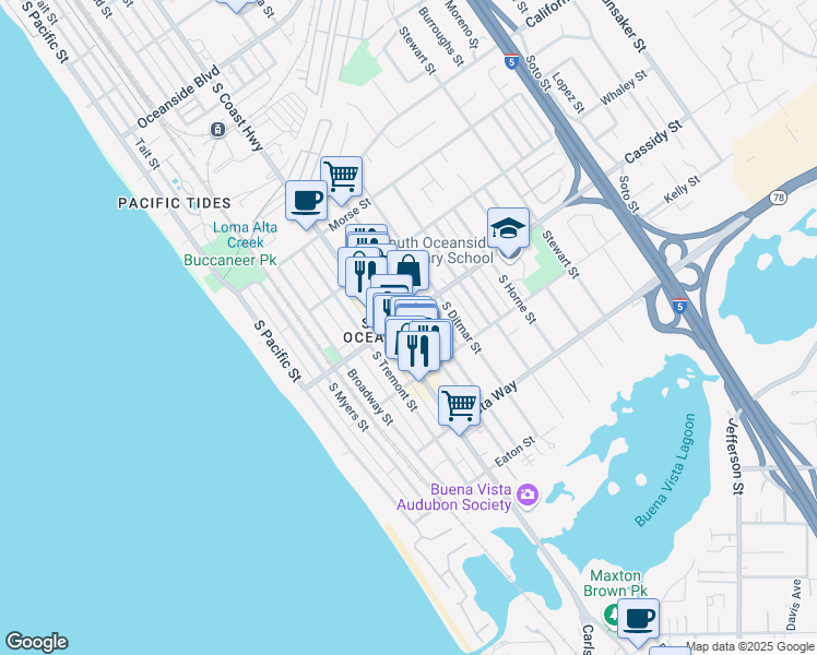 map of restaurants, bars, coffee shops, grocery stores, and more near 515 Cassidy Street in Oceanside