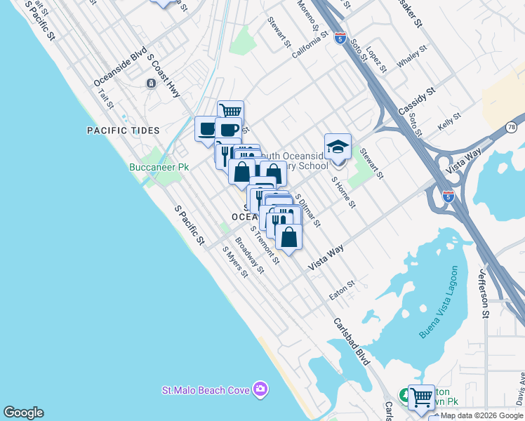 map of restaurants, bars, coffee shops, grocery stores, and more near 515 Cassidy Street in Oceanside