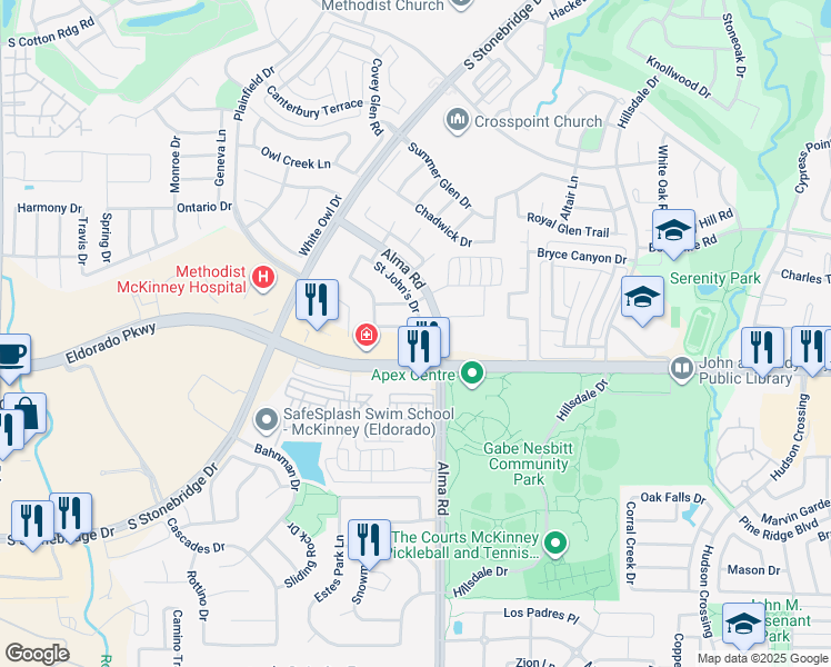 map of restaurants, bars, coffee shops, grocery stores, and more near 7521 Burton Lane in McKinney