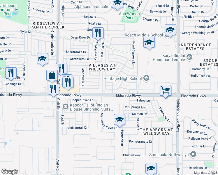 map of restaurants, bars, coffee shops, grocery stores, and more near 13352 Deercreek Trail in Frisco