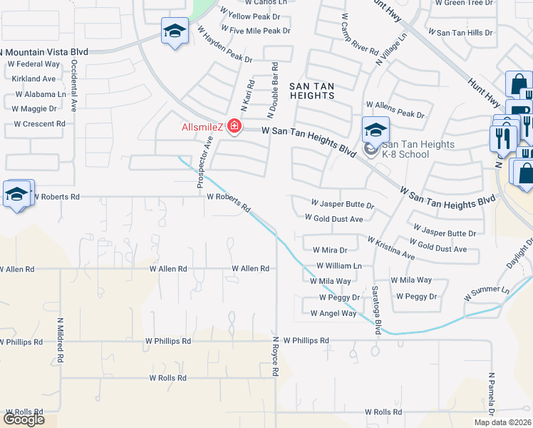 map of restaurants, bars, coffee shops, grocery stores, and more near 3178 West Roberts Road in Queen Creek