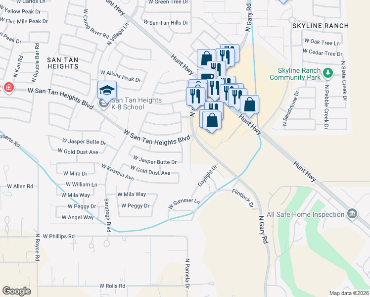 map of restaurants, bars, coffee shops, grocery stores, and more near 32591 North Hidden Canyon Drive in Queen Creek