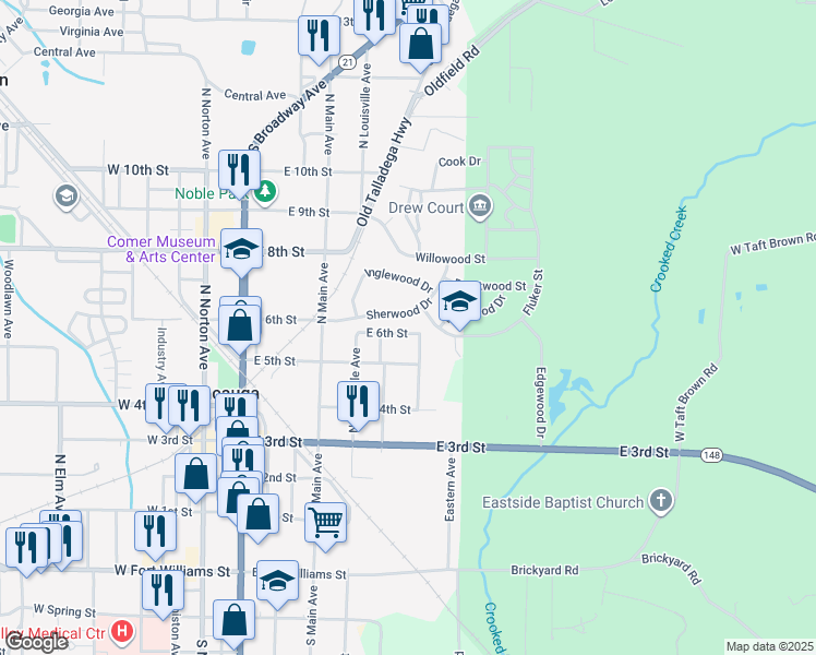 map of restaurants, bars, coffee shops, grocery stores, and more near 414 East 6th Street in Sylacauga