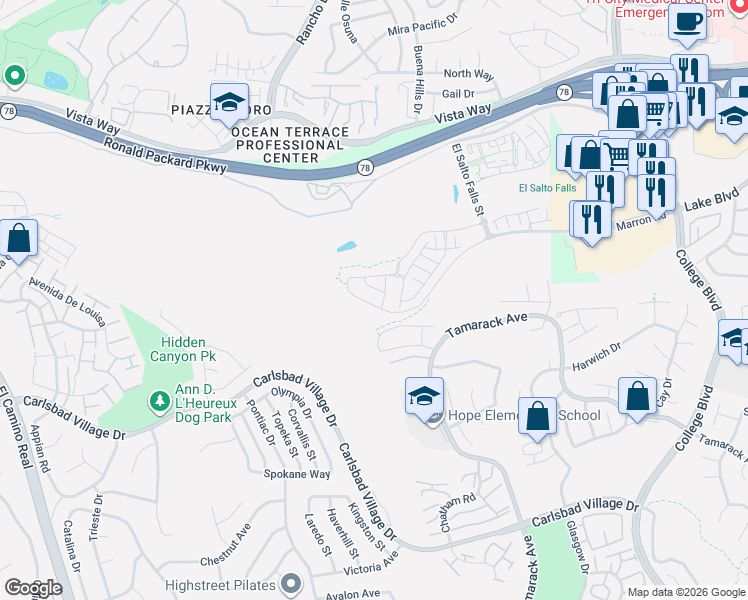 map of restaurants, bars, coffee shops, grocery stores, and more near 3064 Marron Road in Carlsbad