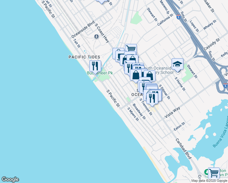 map of restaurants, bars, coffee shops, grocery stores, and more near 1639 South Myers Street in Oceanside