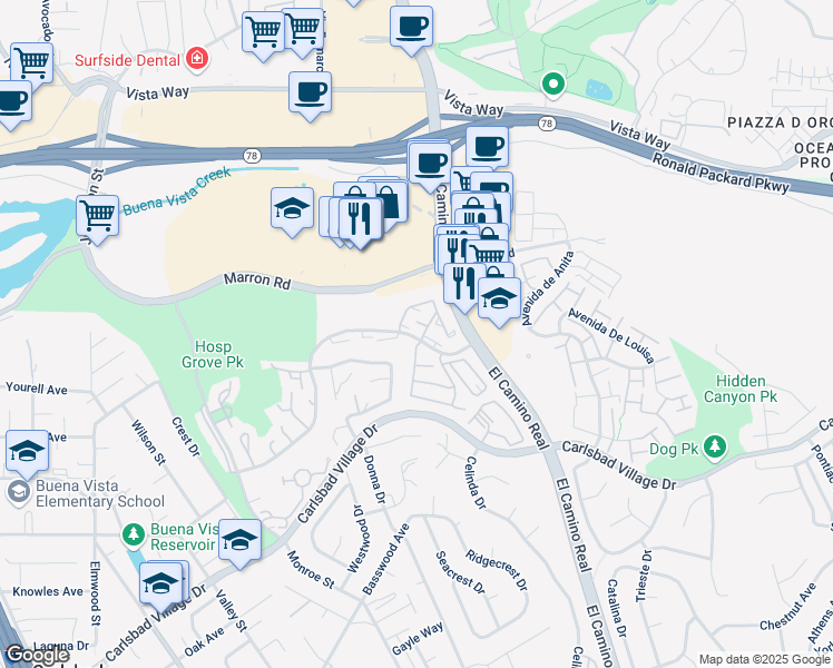 map of restaurants, bars, coffee shops, grocery stores, and more near 2350 Hosp Way in Carlsbad