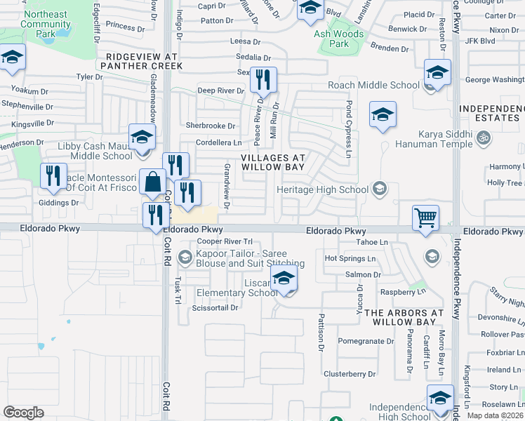 map of restaurants, bars, coffee shops, grocery stores, and more near 13294 Scotch Pine Drive in Frisco