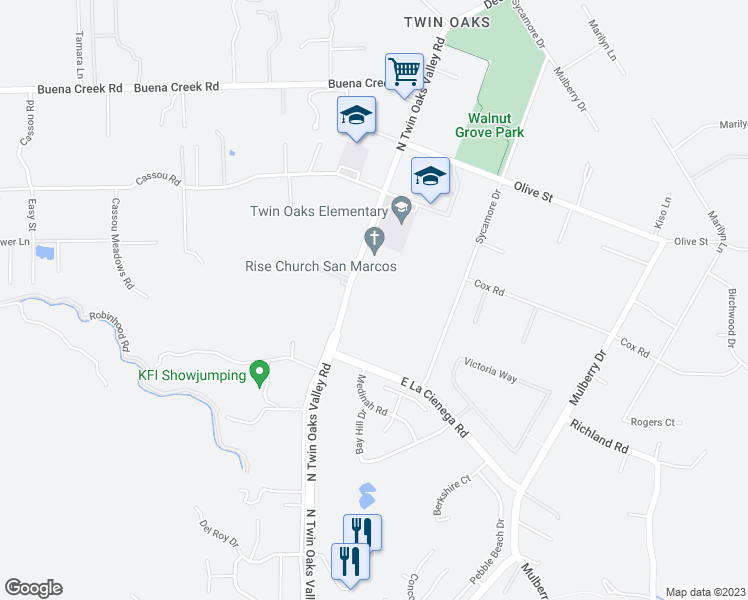 map of restaurants, bars, coffee shops, grocery stores, and more near 1915 North Twin Oaks Valley Road in San Marcos