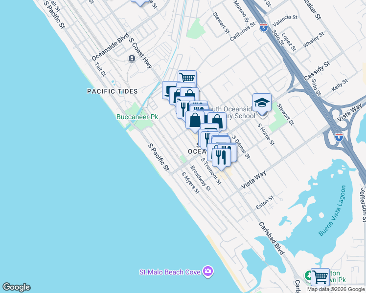 map of restaurants, bars, coffee shops, grocery stores, and more near 1720 Broadway Street in Oceanside