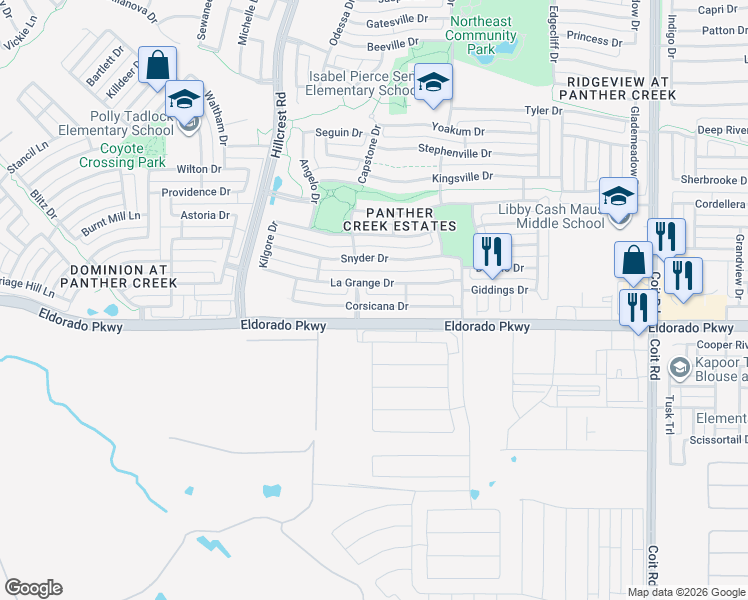 map of restaurants, bars, coffee shops, grocery stores, and more near 11442 Corsicana Drive in Frisco