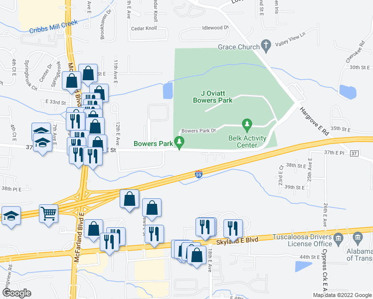 map of restaurants, bars, coffee shops, grocery stores, and more near 1600 James I Harrison Junior Parkway in Tuscaloosa