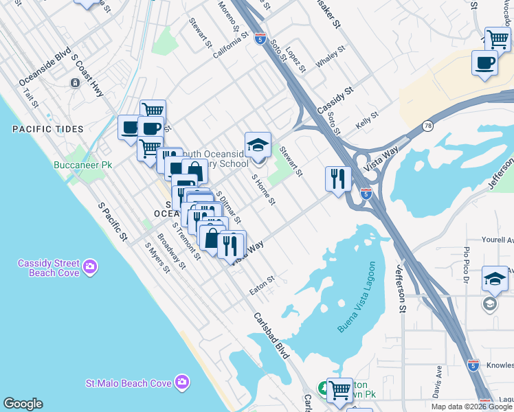 map of restaurants, bars, coffee shops, grocery stores, and more near 1909 South Horne Street in Oceanside