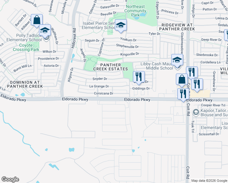 map of restaurants, bars, coffee shops, grocery stores, and more near 11538 Corsicana Drive in Frisco