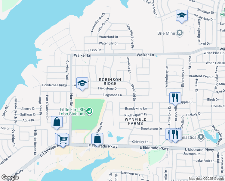 map of restaurants, bars, coffee shops, grocery stores, and more near 1612 Fieldstone Drive in Little Elm