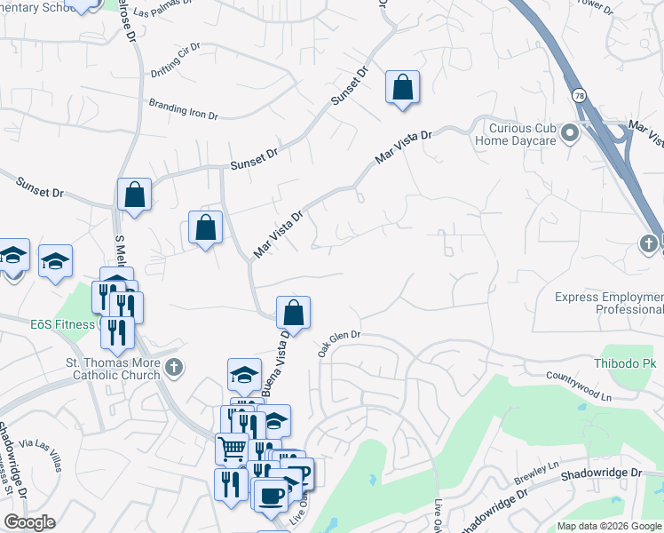 map of restaurants, bars, coffee shops, grocery stores, and more near 1150 Marine View Drive in Vista