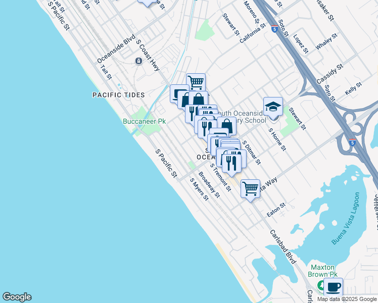 map of restaurants, bars, coffee shops, grocery stores, and more near 1720 Broadway Street in Oceanside