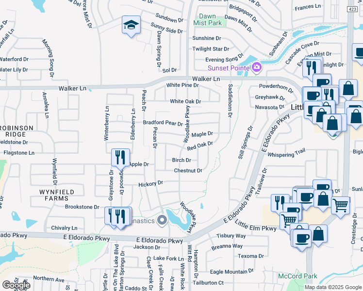 map of restaurants, bars, coffee shops, grocery stores, and more near 2305 Red Oak Drive in Little Elm