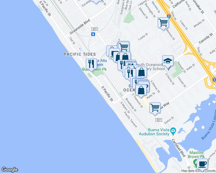 map of restaurants, bars, coffee shops, grocery stores, and more near 1639 South Myers Street in Oceanside