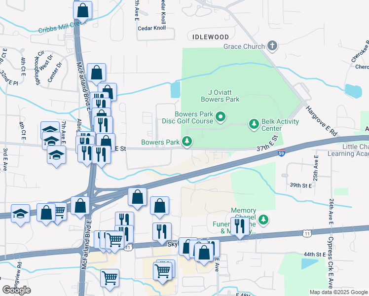 map of restaurants, bars, coffee shops, grocery stores, and more near 1600 James I Harrison Junior Parkway in Tuscaloosa