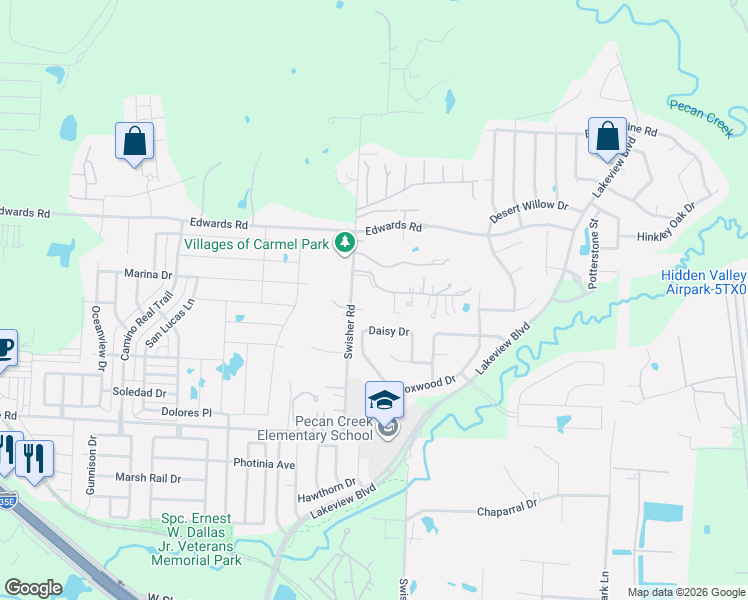 map of restaurants, bars, coffee shops, grocery stores, and more near 3388 Swisher Road in Denton