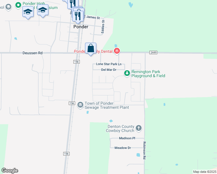 map of restaurants, bars, coffee shops, grocery stores, and more near 327 Preakness Lane in Ponder