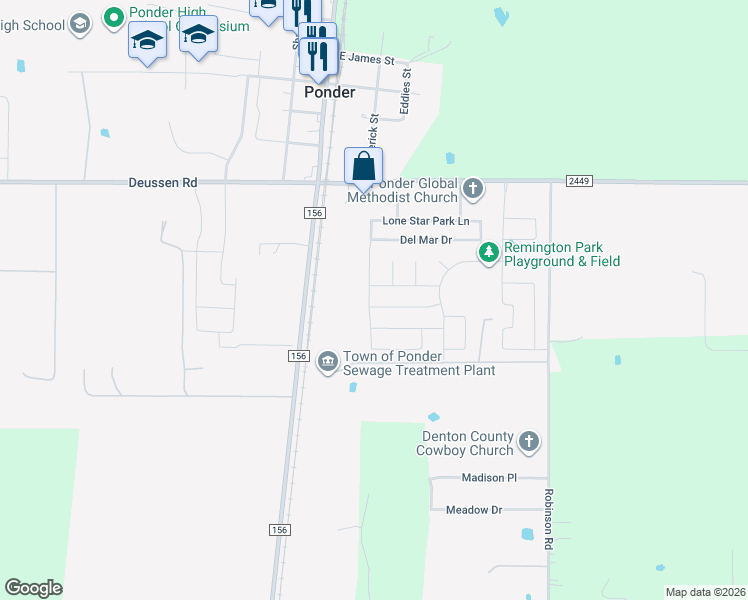 map of restaurants, bars, coffee shops, grocery stores, and more near 301 Preakness Lane in Ponder