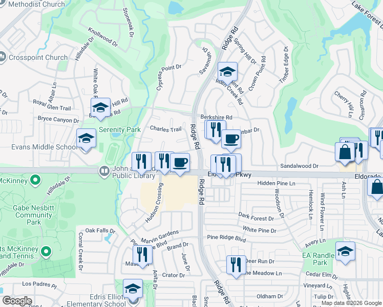 map of restaurants, bars, coffee shops, grocery stores, and more near 6305 Courtyards Drive in McKinney