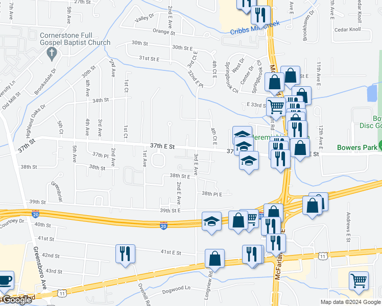 map of restaurants, bars, coffee shops, grocery stores, and more near 245 James I Harrison Junior Parkway in Tuscaloosa