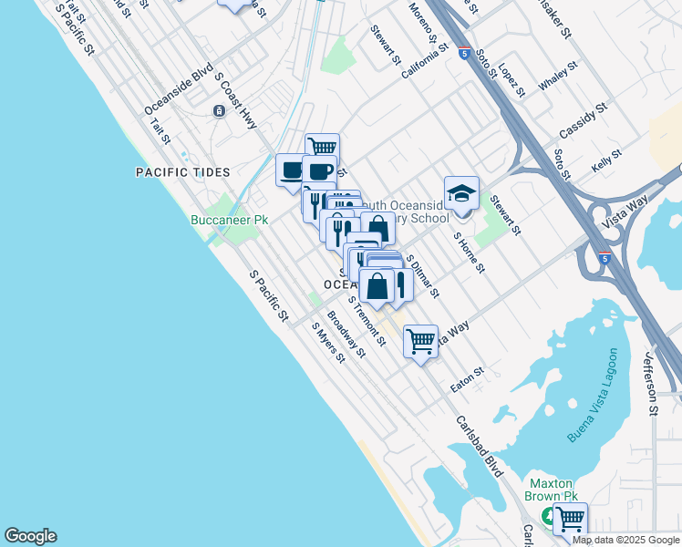 map of restaurants, bars, coffee shops, grocery stores, and more near 1738 South Tremont Street in Oceanside