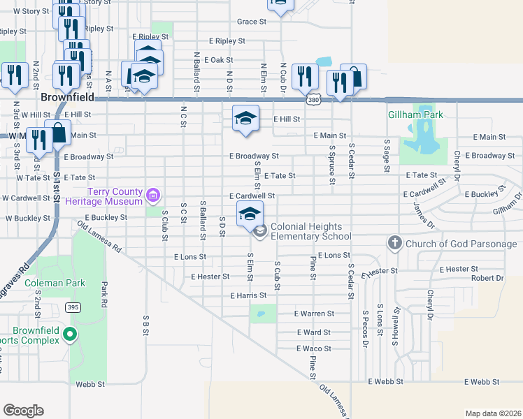 map of restaurants, bars, coffee shops, grocery stores, and more near 1101-1199 E Buckley St in Brownfield