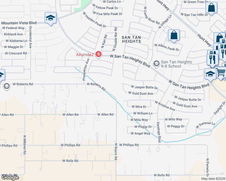 map of restaurants, bars, coffee shops, grocery stores, and more near 3178 West Roberts Road in Queen Creek