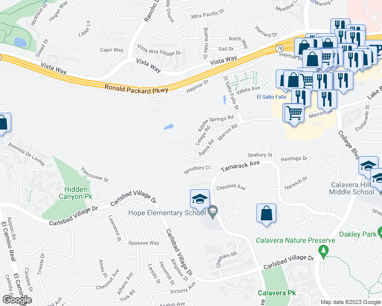map of restaurants, bars, coffee shops, grocery stores, and more near 3325 Telaga Road in Carlsbad