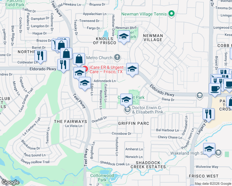map of restaurants, bars, coffee shops, grocery stores, and more near 3466 Fountainbleau Lane in Frisco