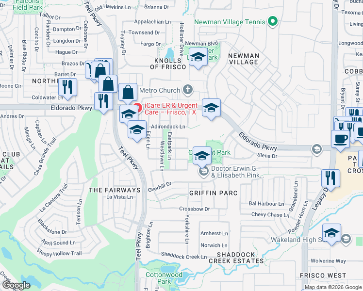 map of restaurants, bars, coffee shops, grocery stores, and more near 3466 Fountainbleau Lane in Frisco