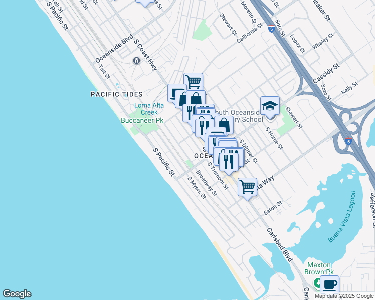 map of restaurants, bars, coffee shops, grocery stores, and more near 1720 Broadway in Oceanside