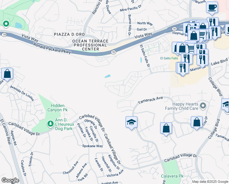 map of restaurants, bars, coffee shops, grocery stores, and more near 3064 Marron Road in Carlsbad